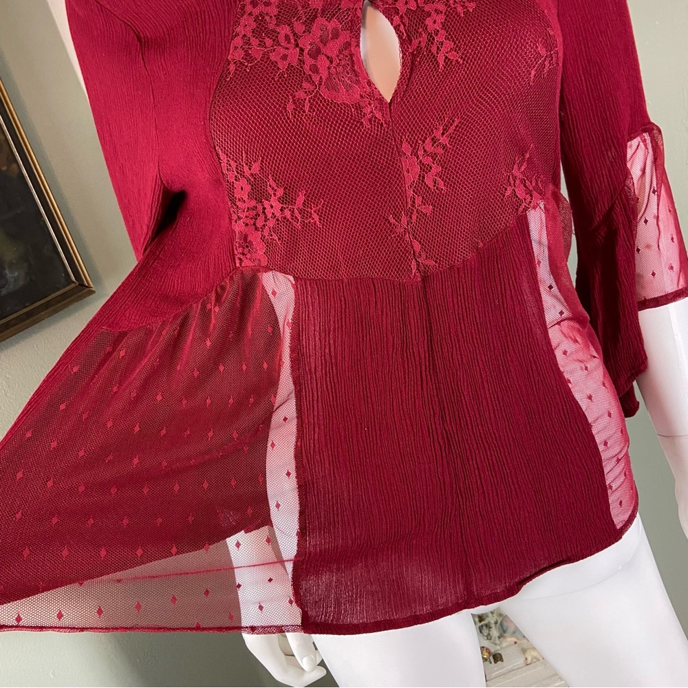 3/$12 Society Girl Burgundy Bell Sleeve Crinkle Sheer Mesh Panels Keyhole Medium - Picture 3 of 10